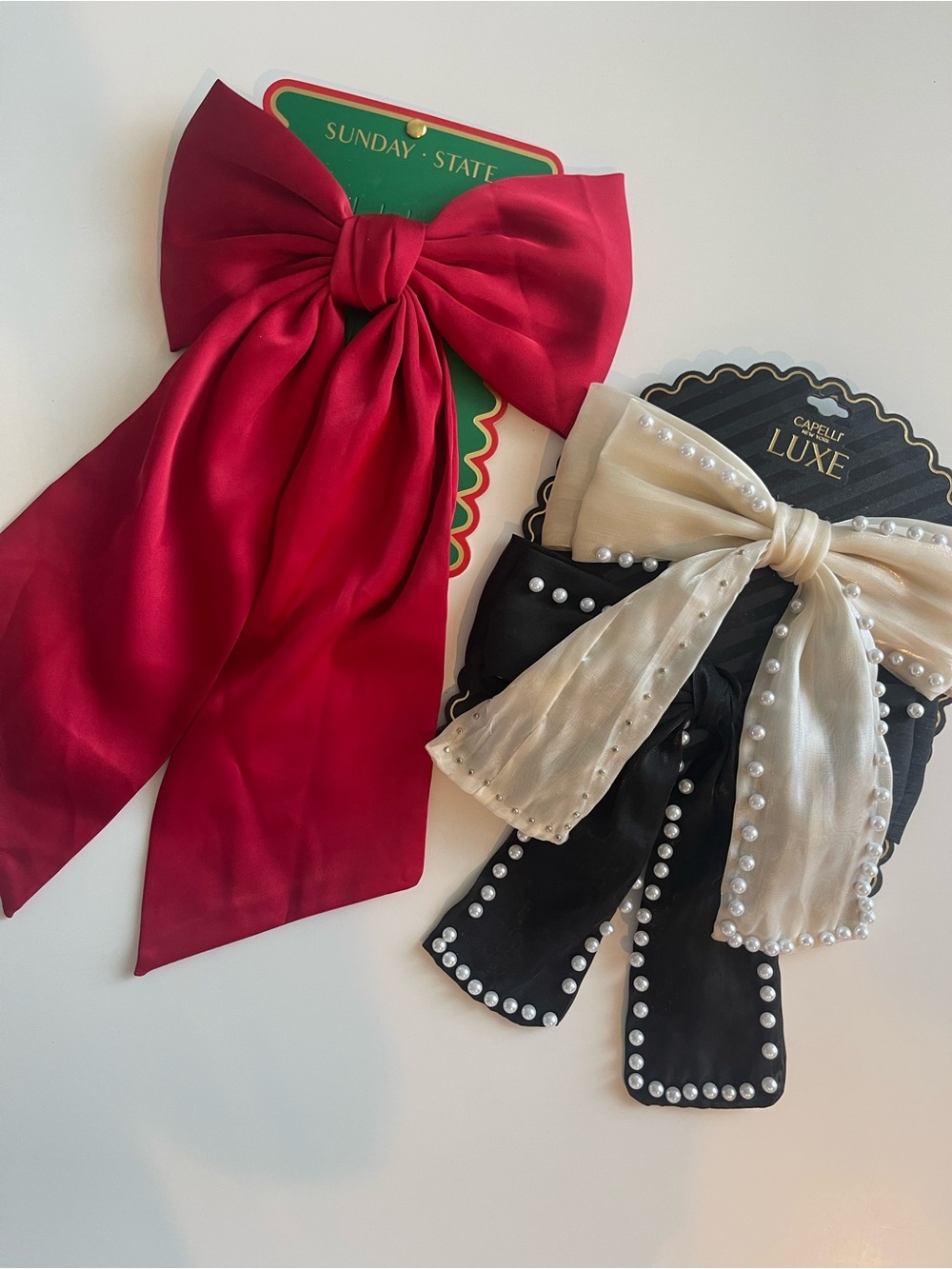 Sunday State Red Satin Bow & Capelli Luxe Pearl-Trim Black/Champagne Bow Set